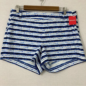 New SPANX Blue White Painted Stripe Sun Protection Sunshine Shorts 4" Large